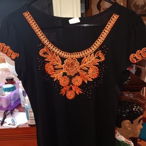 Chic Black Blouse with Vibrant Orange Embroidery